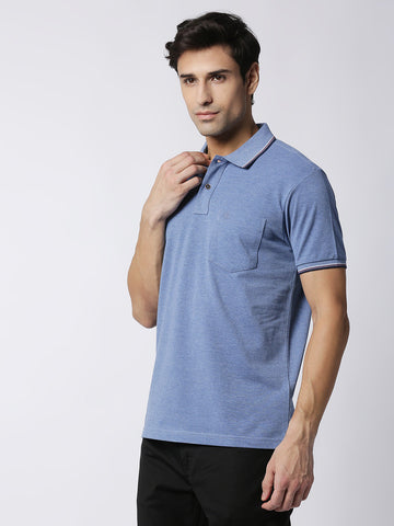 Blue Melange Pique Polo With Pocket