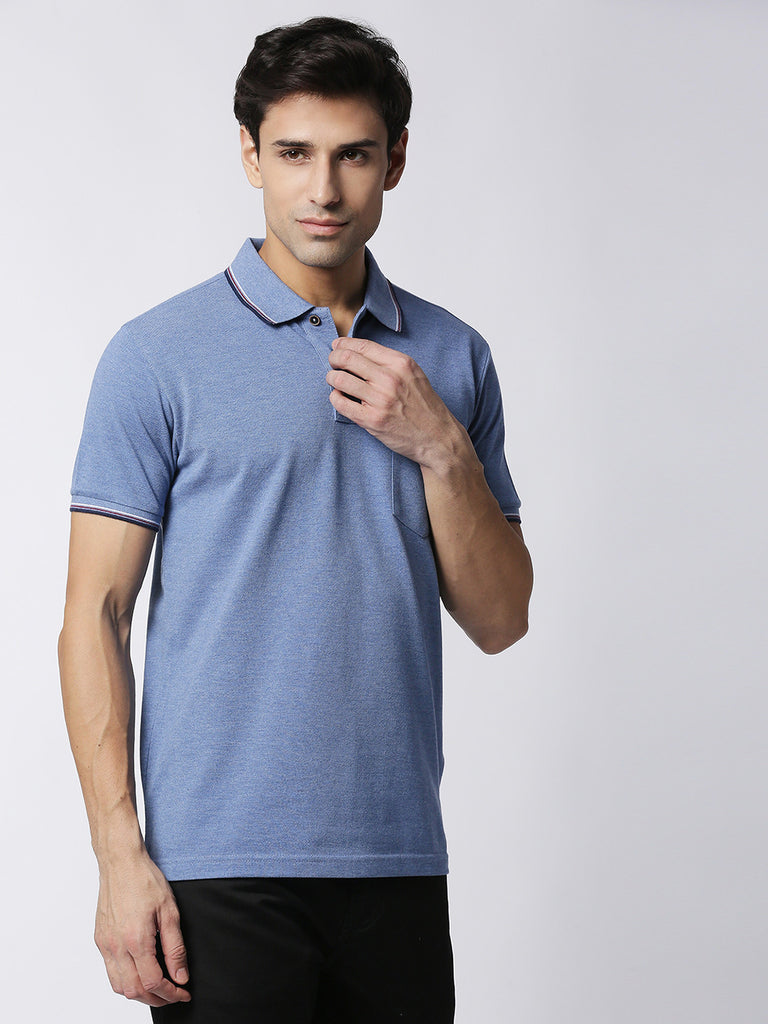 Blue Melange Pique Polo With Pocket