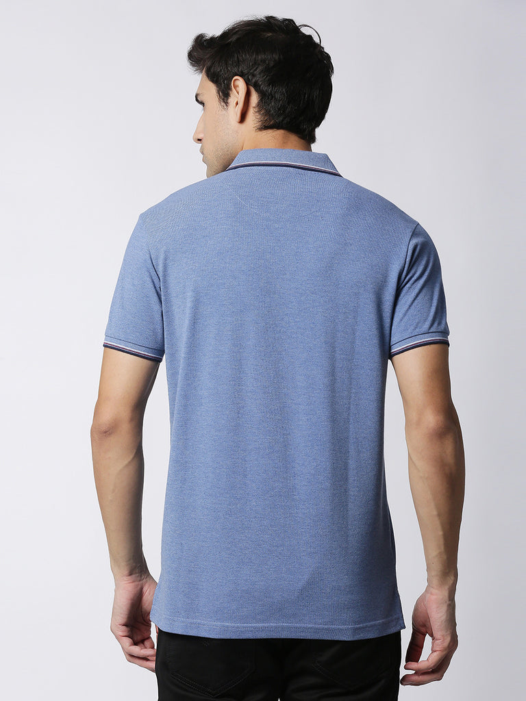 Blue Melange Pique Polo With Pocket