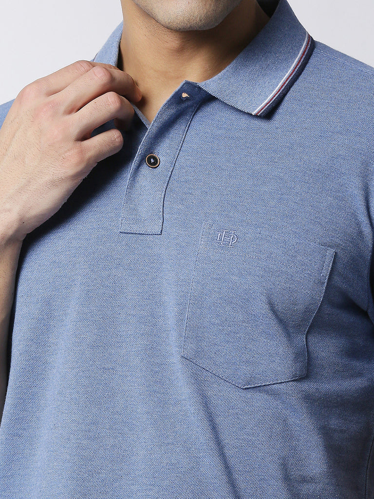 Blue Melange Pique Polo With Pocket