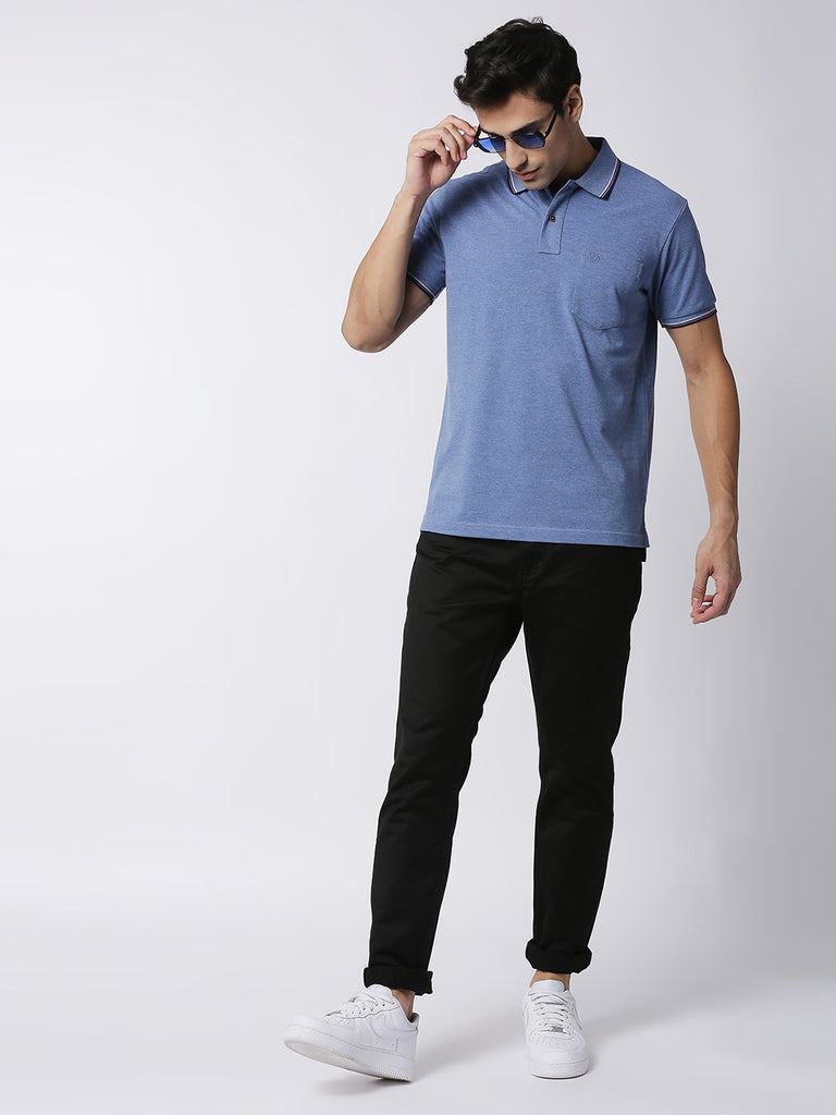 Blue Melange Pique Polo With Pocket