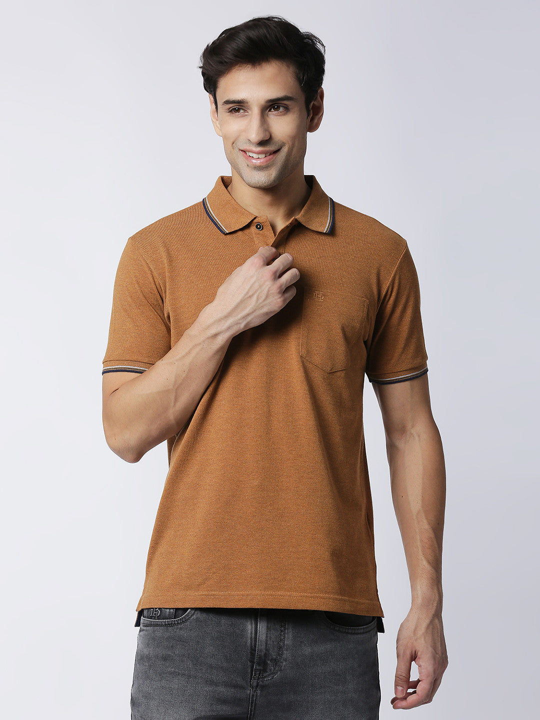 Light Brown Melange Half Sleeves Pique Polo With Pocket