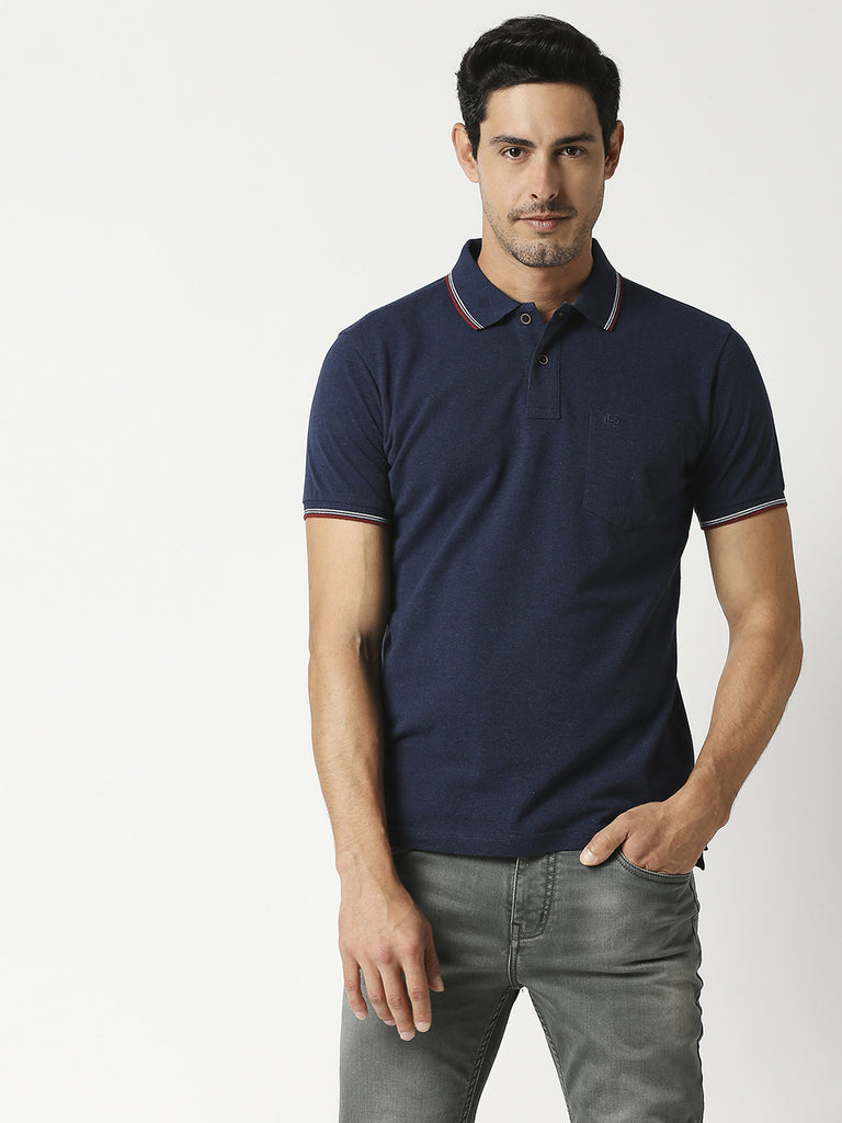 Indigo Melange Pique Polo With Pocket