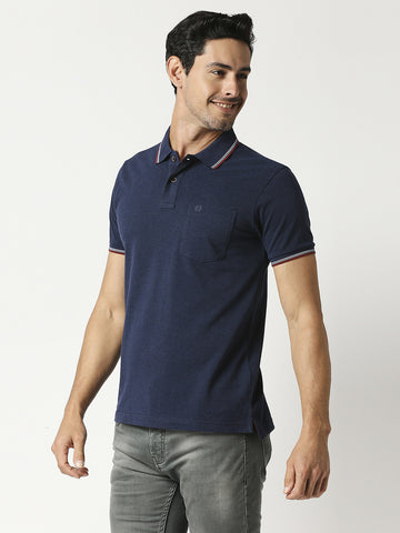 Indigo Melange Pique Polo With Pocket