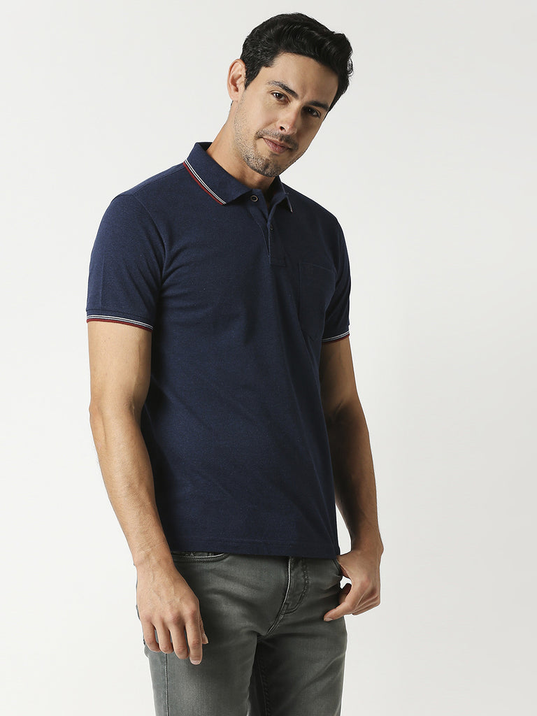 Indigo Melange Pique Polo With Pocket