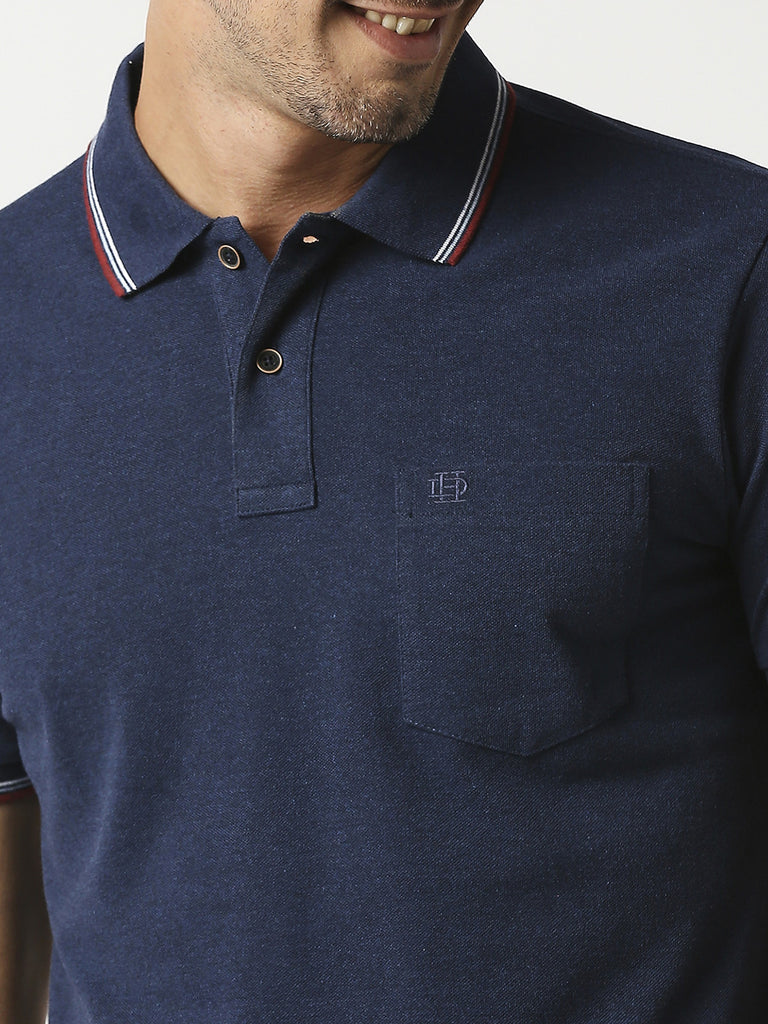 Indigo Melange Pique Polo With Pocket