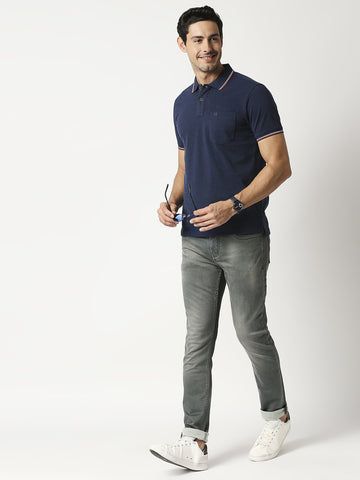 Indigo Melange Pique Polo With Pocket