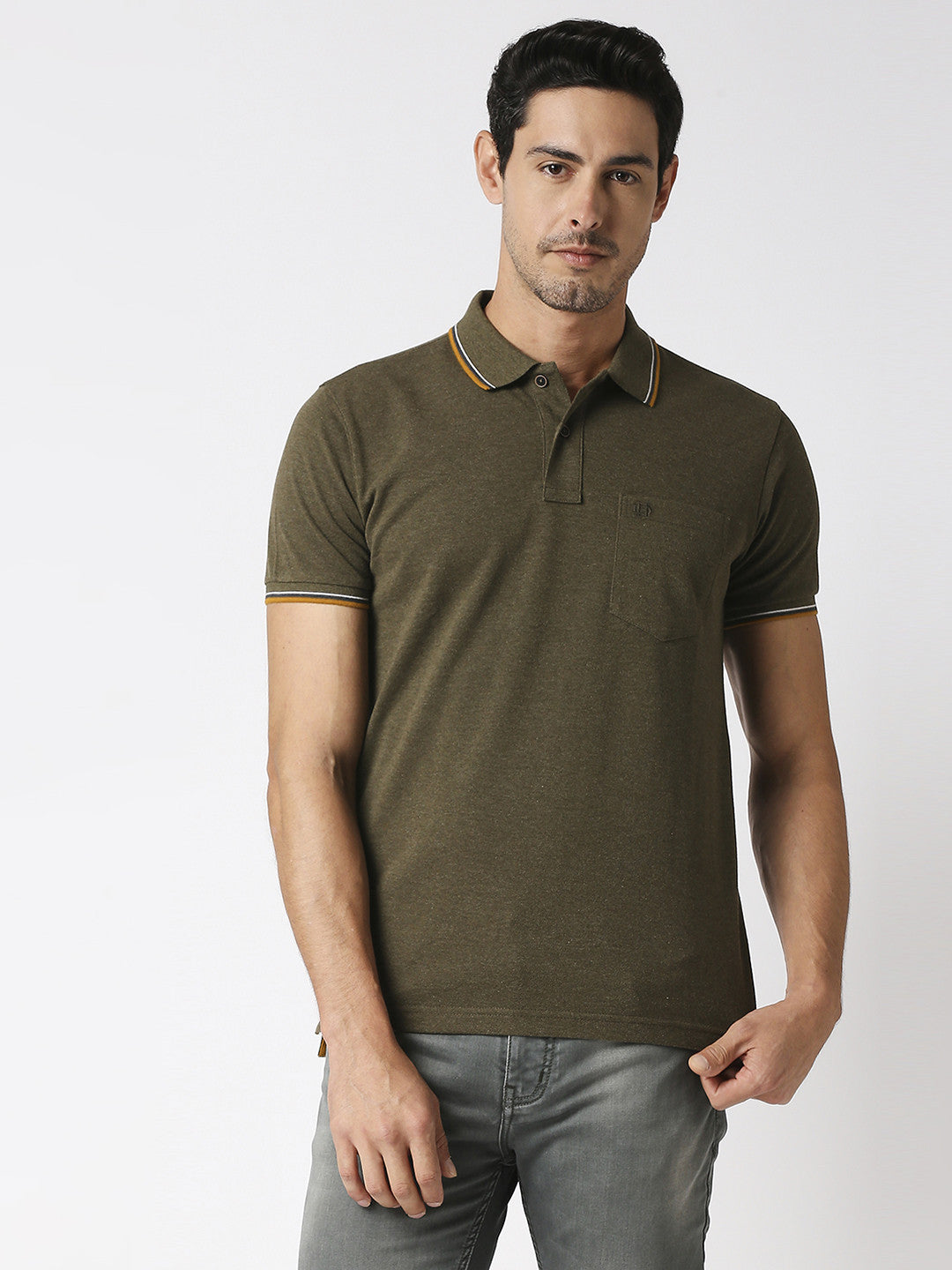 Dark Olive Melange Half Sleeves Pique Polo With Pocket