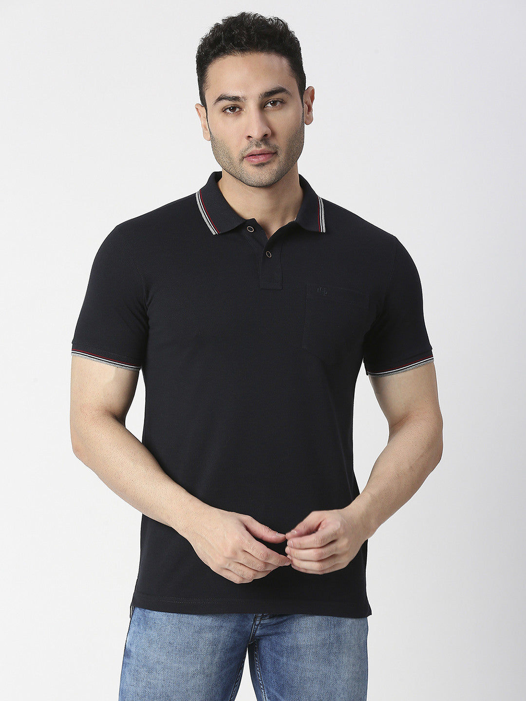 Navy Blue Pique Lycra Polo T-shirt With Pocket