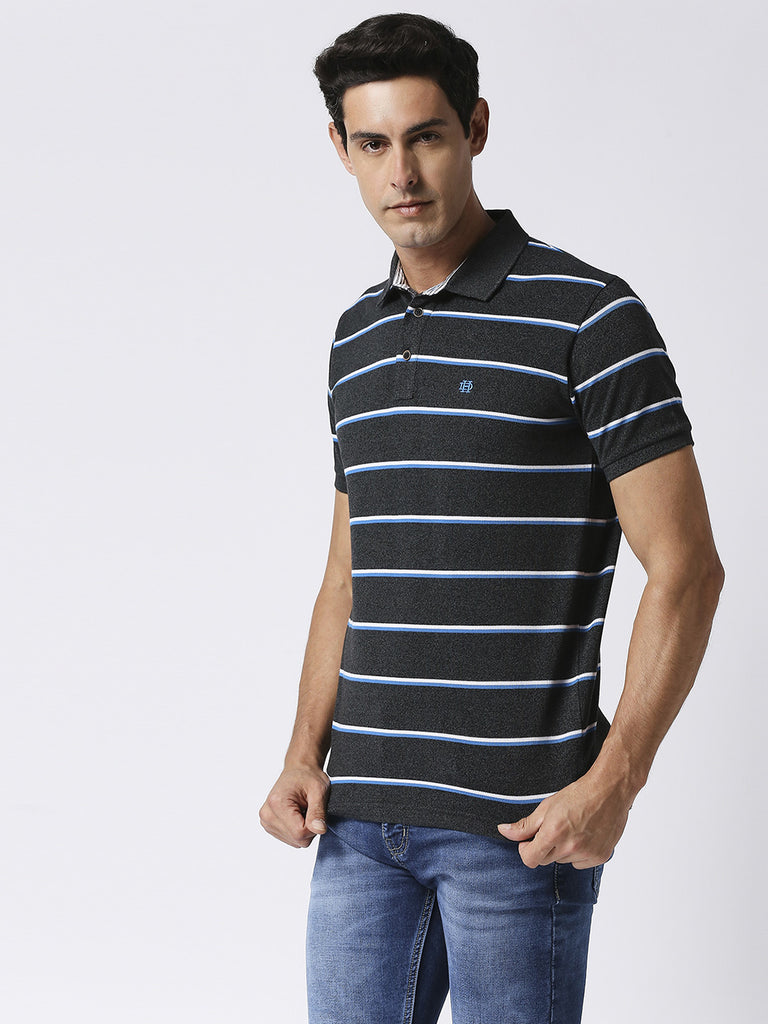 Dark grey, slim fitting pique polo t-shirt with contrasting stripes and half sleeves.