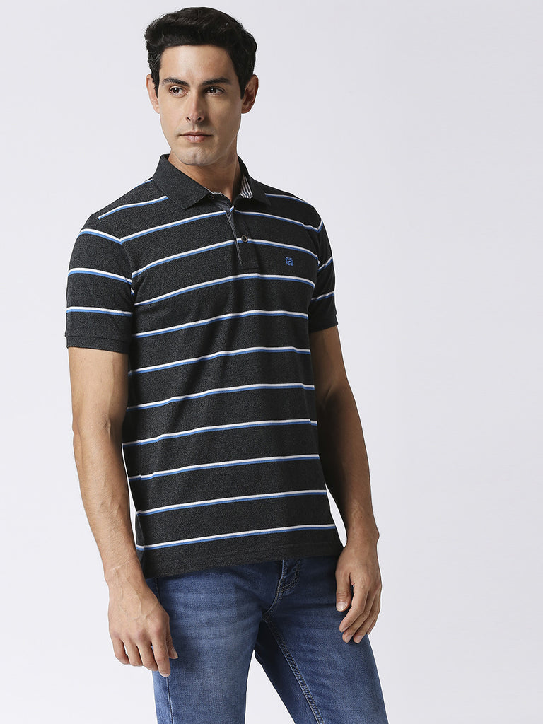 Dark grey, slim fitting pique polo t-shirt with contrasting stripes and half sleeves.