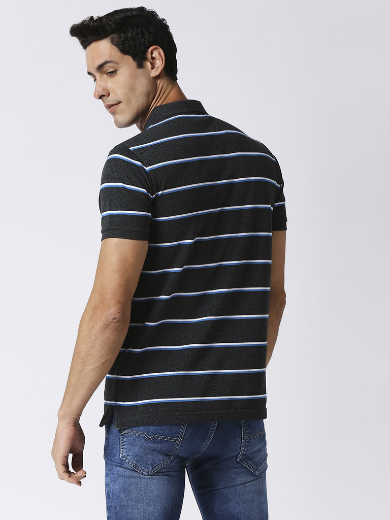 Dark grey, slim fitting pique polo t-shirt with contrasting stripes and half sleeves.