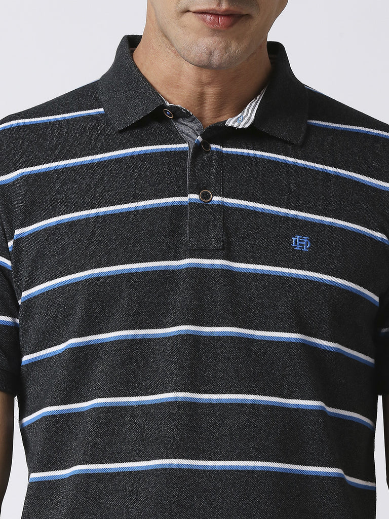 Dark grey, slim fitting pique polo t-shirt with contrasting stripes and half sleeves.