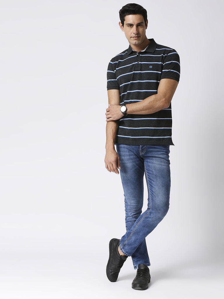 Dark grey, slim fitting pique polo t-shirt with contrasting stripes and half sleeves.