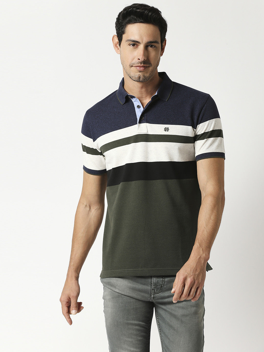 Olive & Navy Pique Striped Polo T-shirt