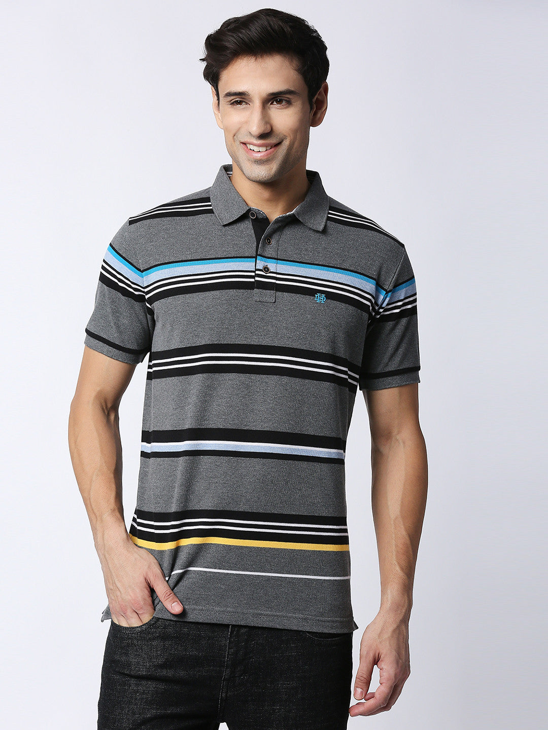 Charcoal grey, slim fitting polo t-shirt in premium pique fabric with contrasting stripes. 