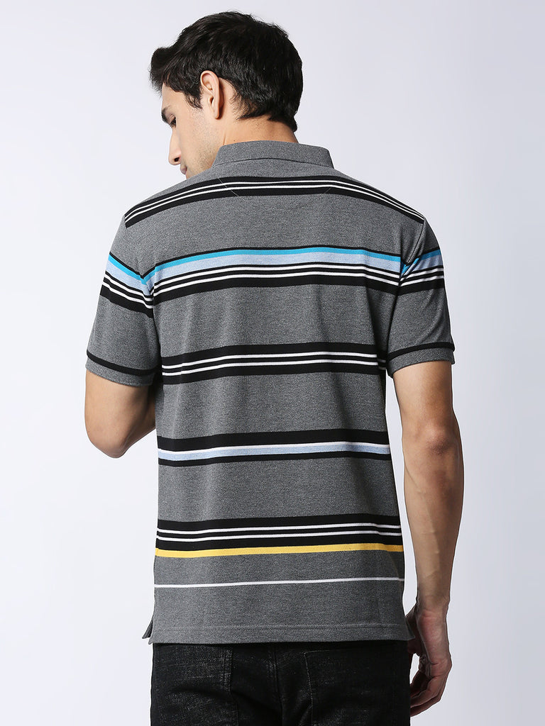 Charcoal grey, slim fitting polo t-shirt in premium pique fabric with contrasting stripes. 