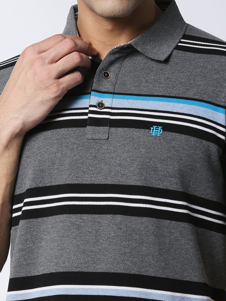 Charcoal grey, slim fitting polo t-shirt in premium pique fabric with contrasting stripes. 