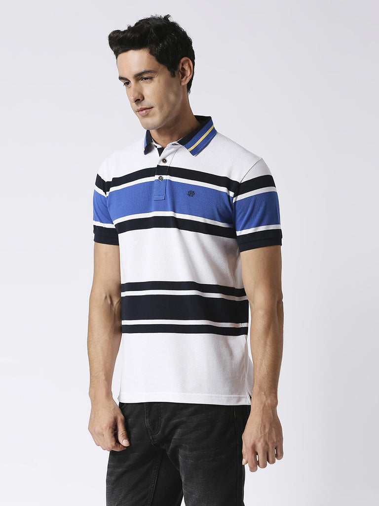 White & Blue Striped Pique Polo T-shirt