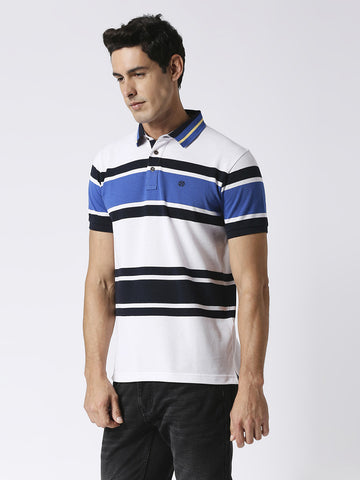 White & Blue Striped Pique Polo T-shirt