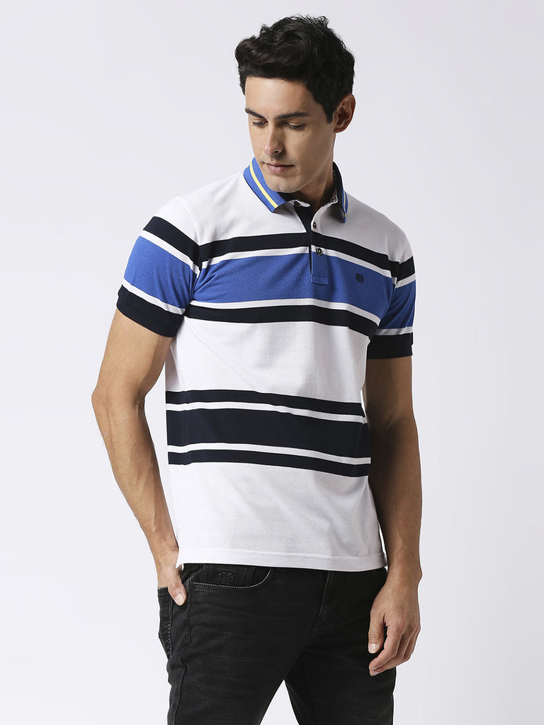 White & Blue Striped Pique Polo T-shirt