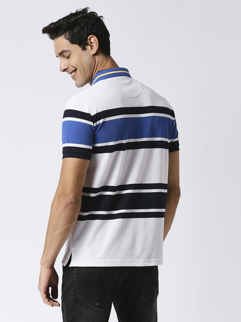 White & Blue Striped Pique Polo T-shirt