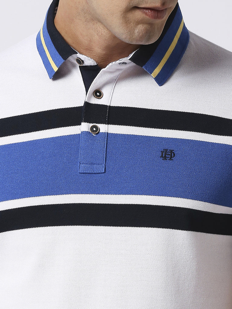 White & Blue Striped Pique Polo T-shirt