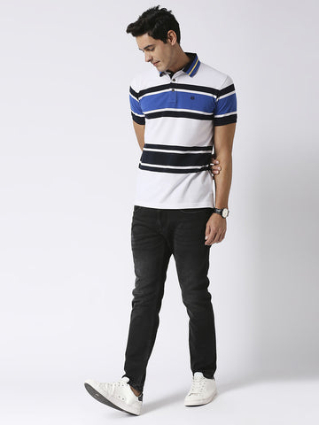 White & Blue Striped Pique Polo T-shirt