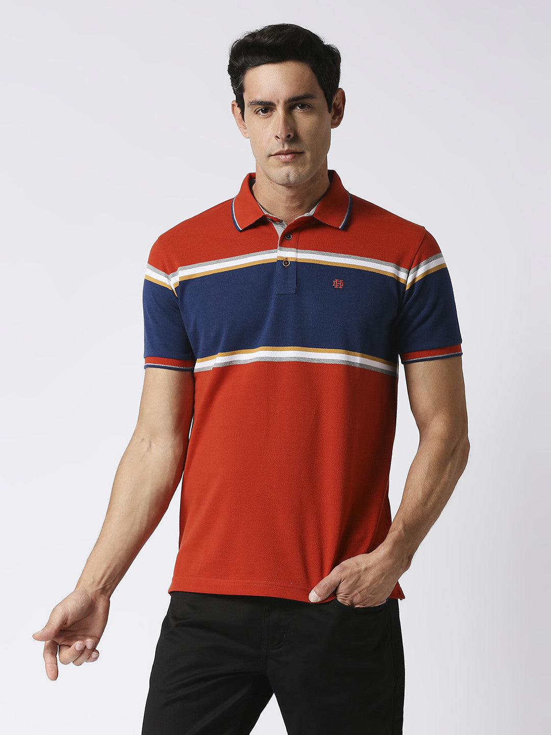 Brick red slim fitting polo t-shirt in premium pique fabric with contrasting stripes and tipping collar.