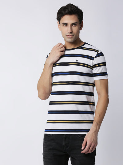 White Pique Striped Round Neck T-shirt