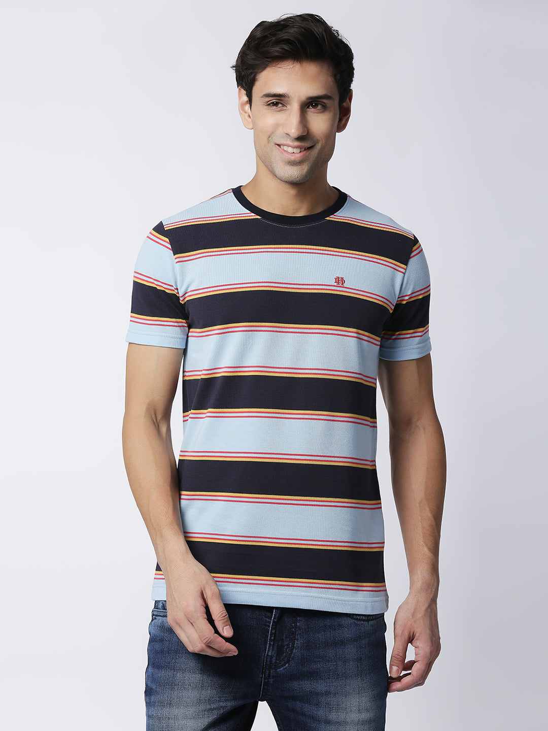 Sky Blue Pique Striped Round Neck T-shirt
