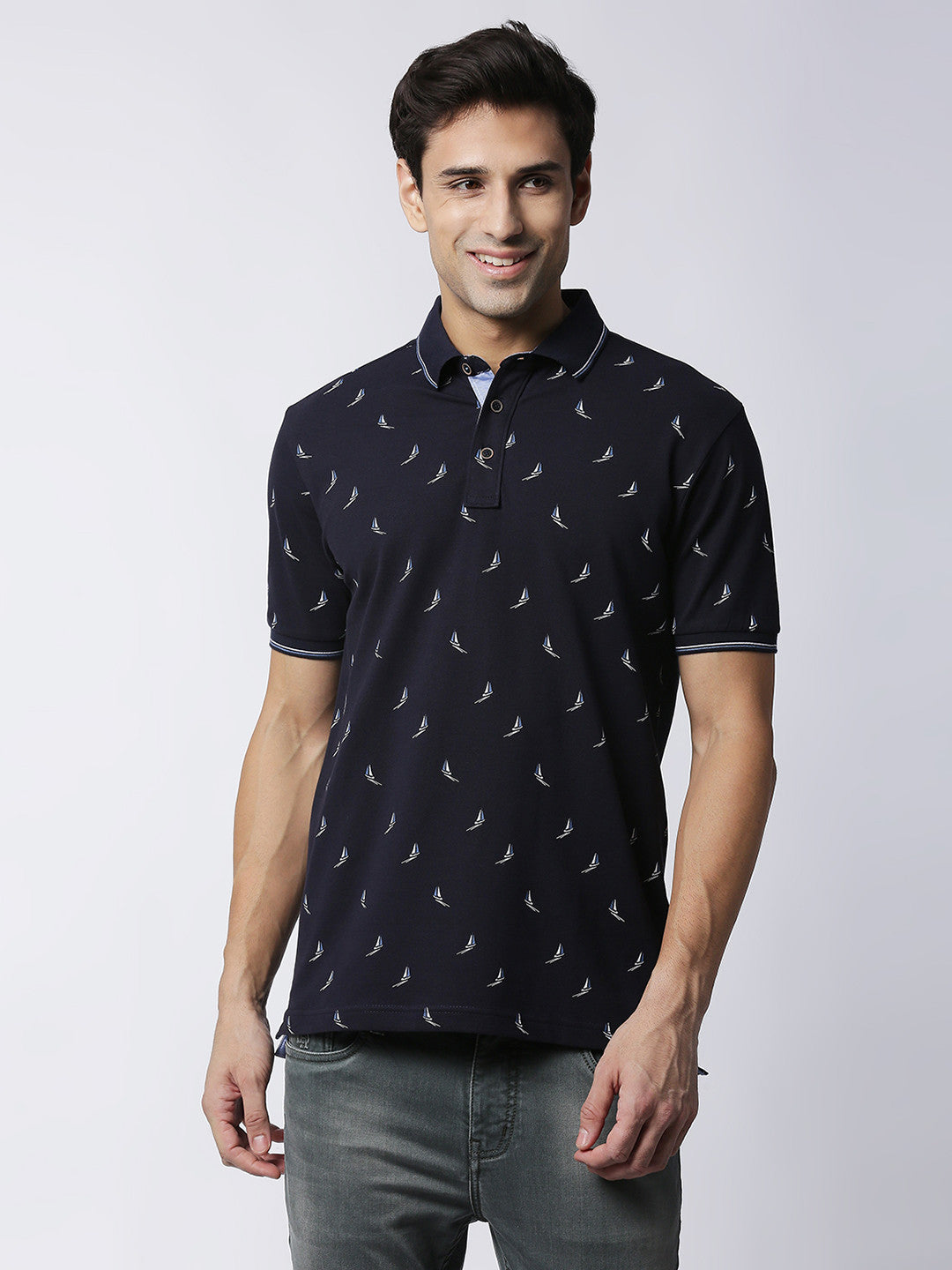 Navy Blue Printed  Polo T-shirt