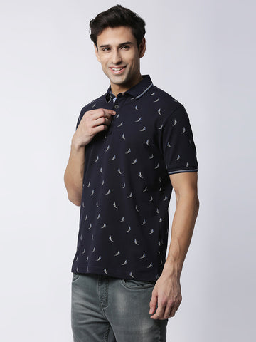 Navy Blue Printed  Polo T-shirt