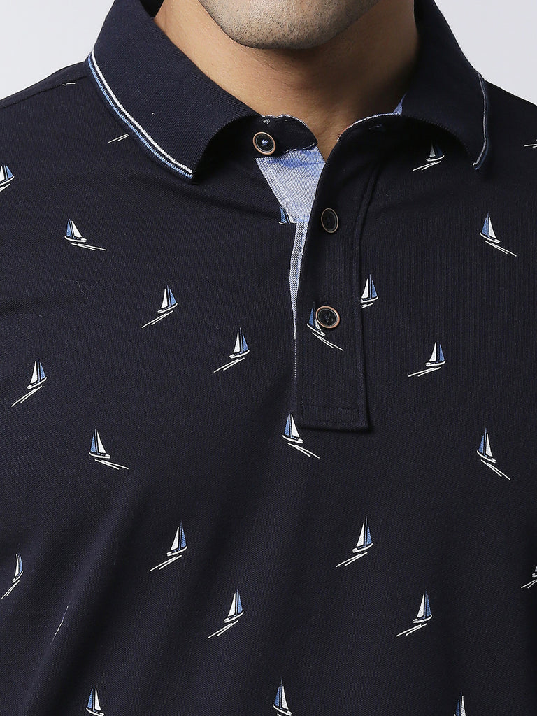 Navy Blue Printed  Polo T-shirt