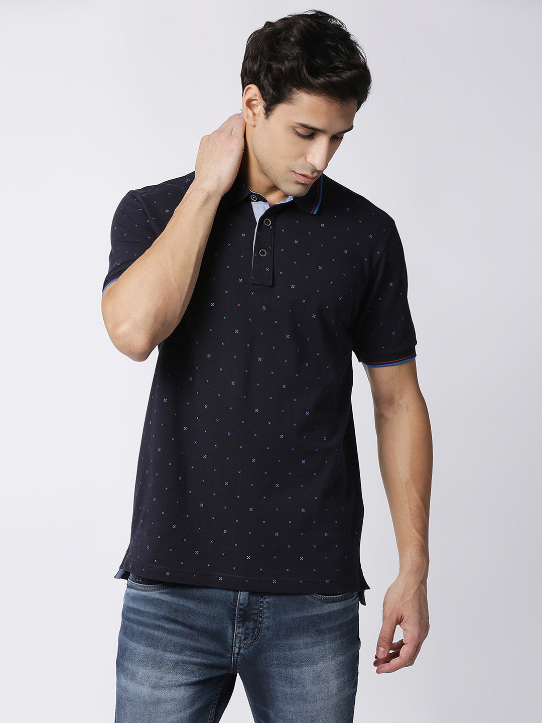 Navy Printed Cotton Lycra Polo T-shirt