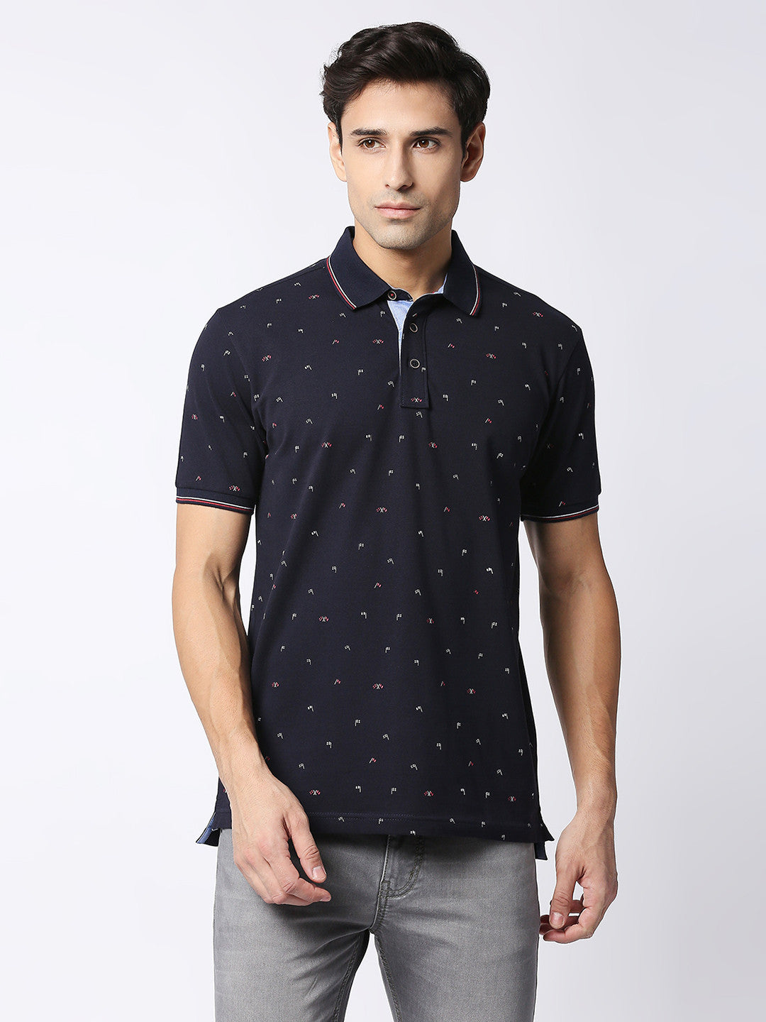 Navy Blue Cotton Lycra Printed Polo T-shirt