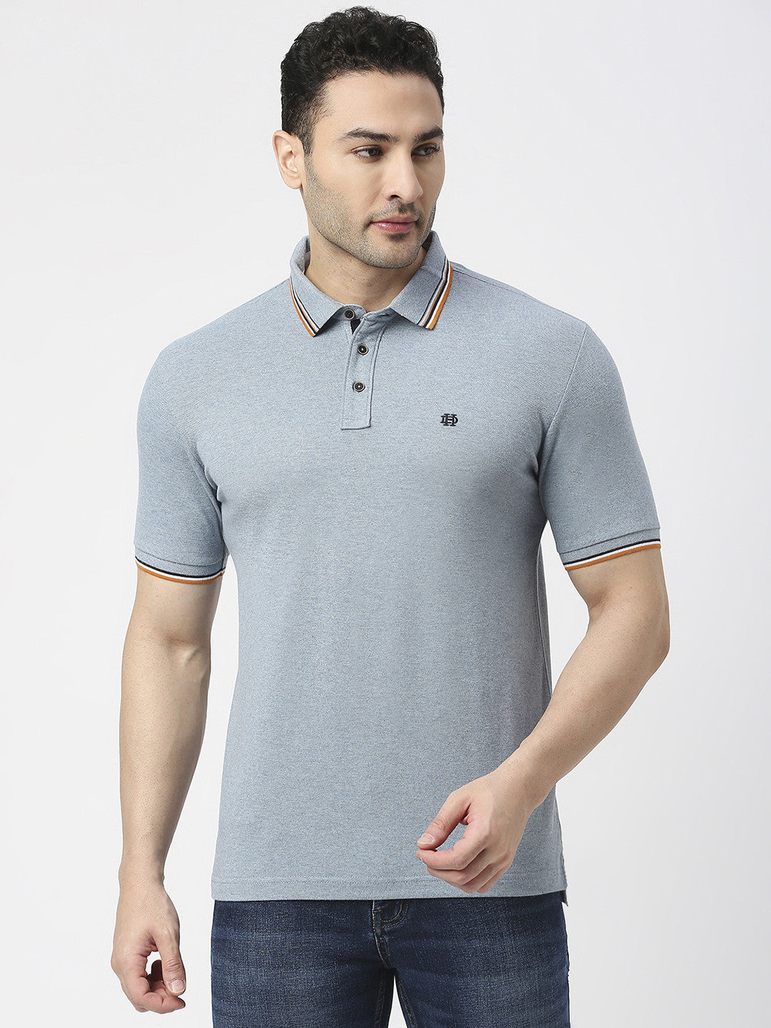 Sky Melange Pique Lycra Polo T-shirt With Tipping Collar