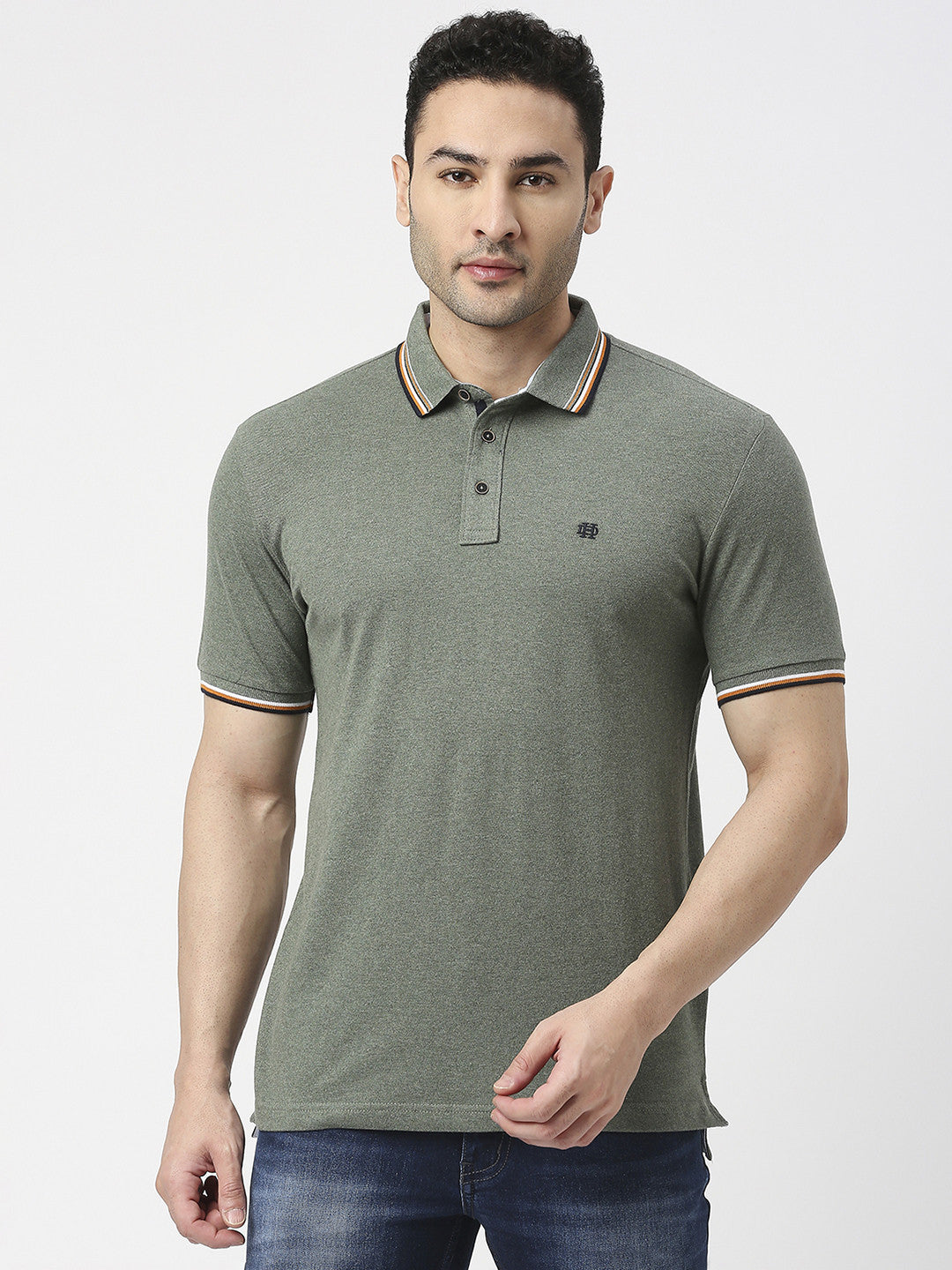 Green Melange Pique Lycra Polo T-Shirt With Tipping Collar