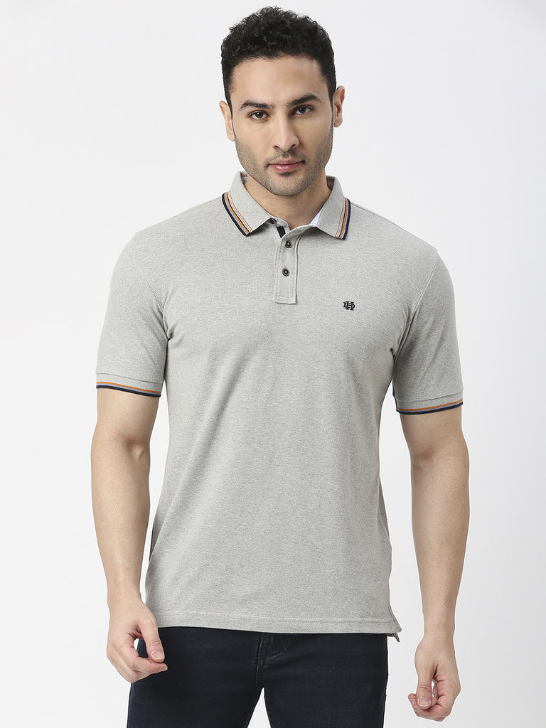Grey Melange Pique Lycra Polo T-shirt With Tipping Collar
