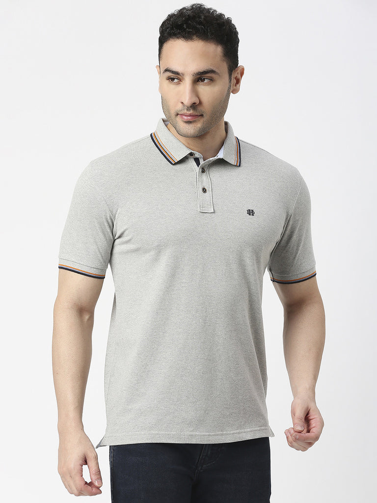 Grey Melange Pique Lycra Polo T-shirt With Tipping Collar