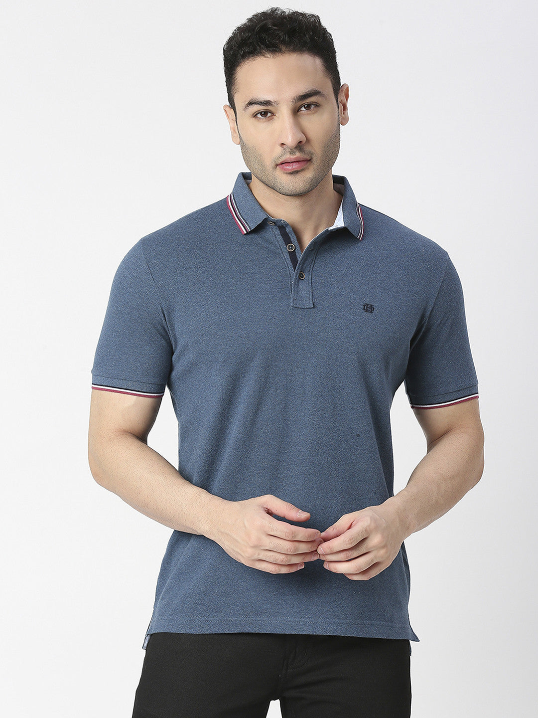 Blue Melange Pique Lycra Polo T-shirt With Tipping Collar