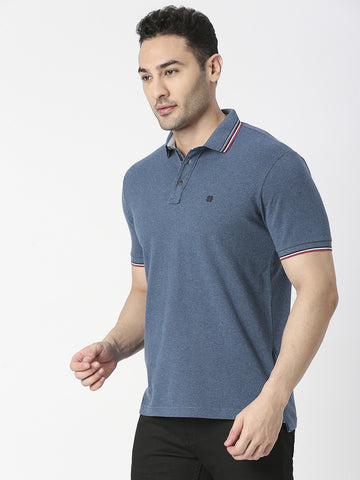 Blue Melange Pique Lycra Polo T-shirt With Tipping Collar