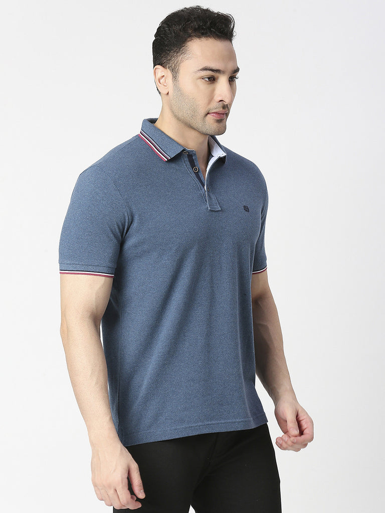 Blue Melange Pique Lycra Polo T-shirt With Tipping Collar