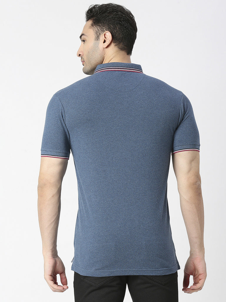 Blue Melange Pique Lycra Polo T-shirt With Tipping Collar