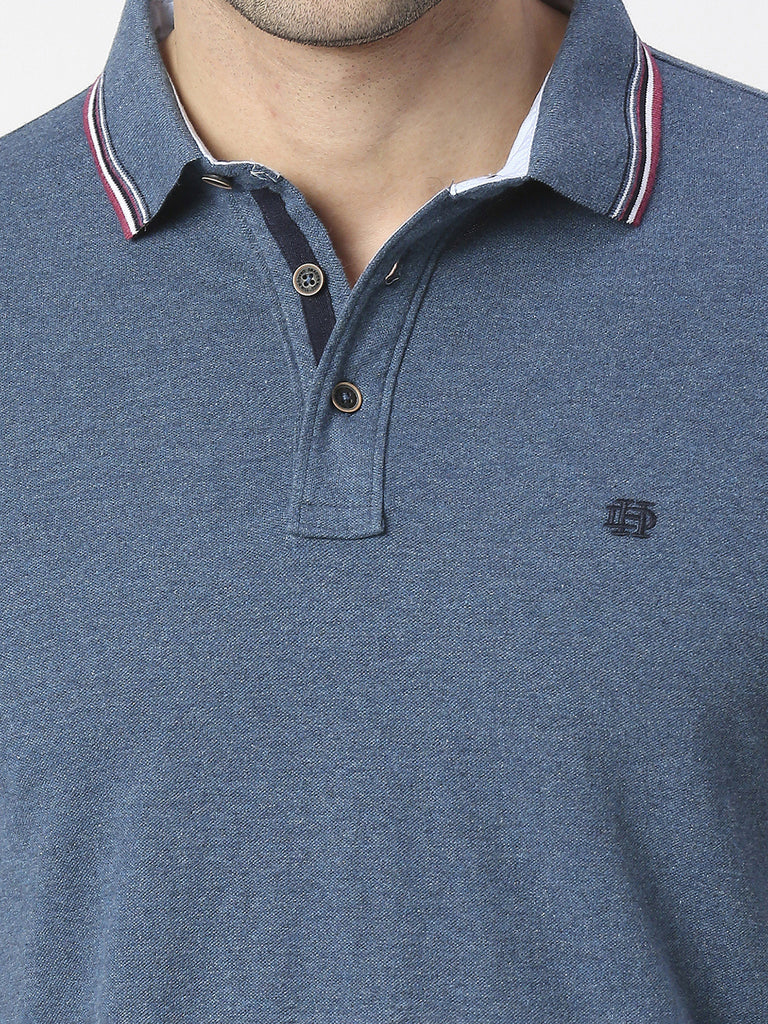 Blue Melange Pique Lycra Polo T-shirt With Tipping Collar