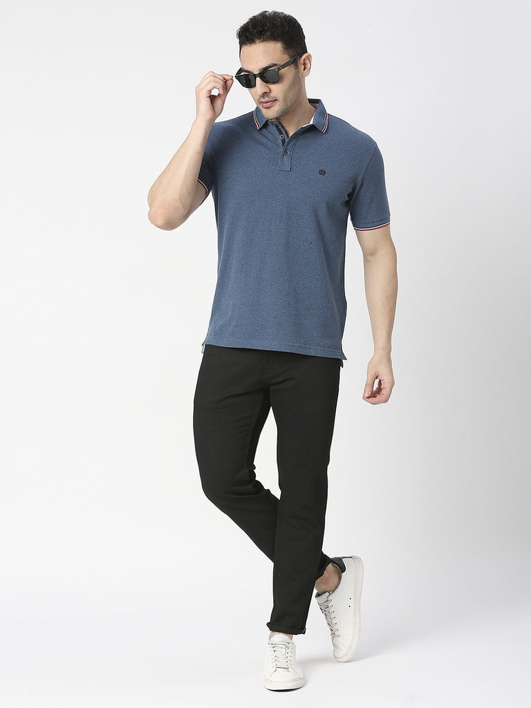 Blue Melange Pique Lycra Polo T-shirt With Tipping Collar