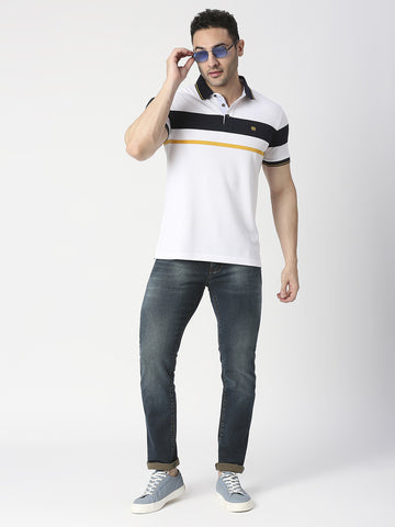 White Striped Pique Polo T-shirt