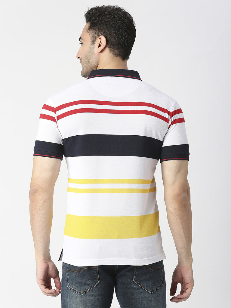 White Multi Coloured Striped Pique Polo T-shirt