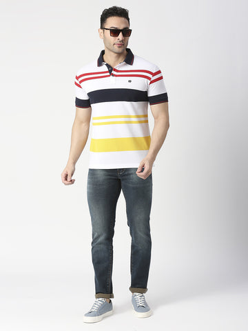 White Multi Coloured Striped Pique Polo T-shirt