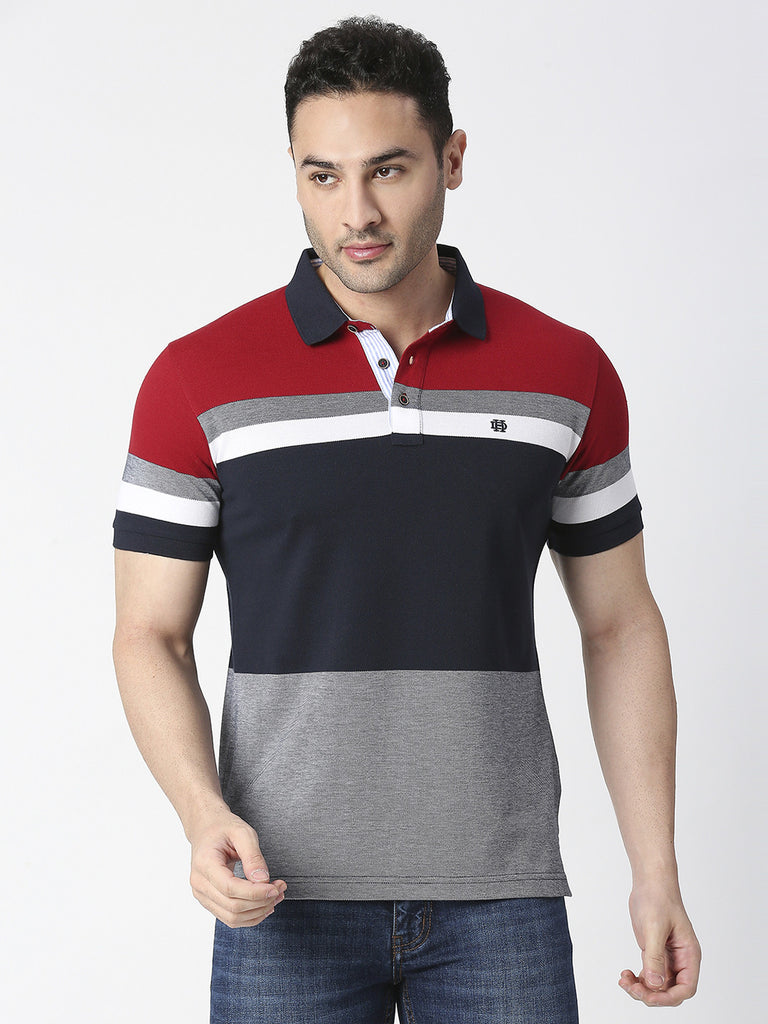 Red & Grey Colour Blocked Pique Polo T-shirt